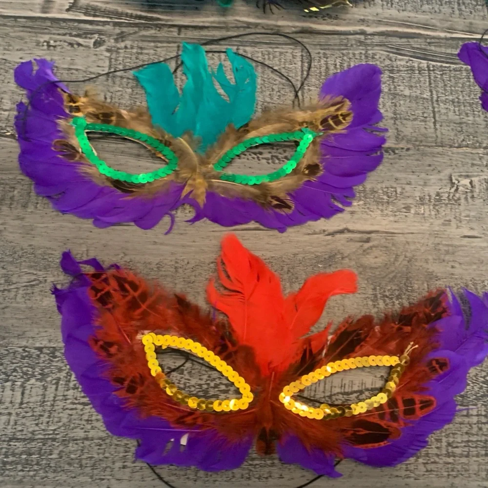 Mardi Gras Masks, 8 Feathered Sequin Elastic Band, Colorful Cute Bright Colors